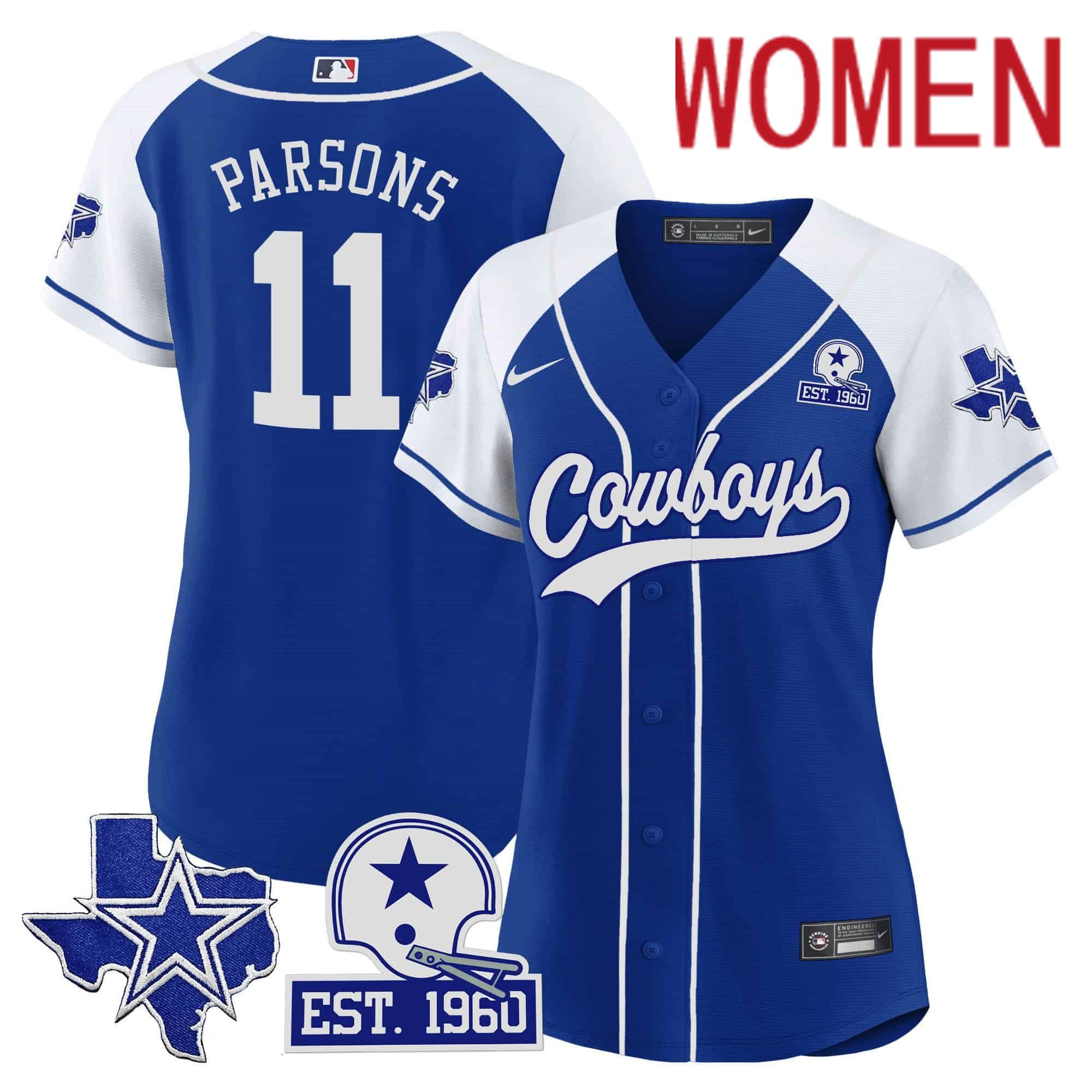 Women Dallas Cowboys #11 Parsons Blue 2024 Nike Patch Baseball NFL Jersey style 1